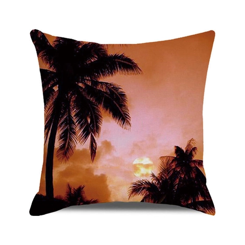 Housse de Coussin Paysage de Coucher de Soleil Tropical Plage d'Été en Lin Taie d'Oreiller Décorative pour Canapé Maison