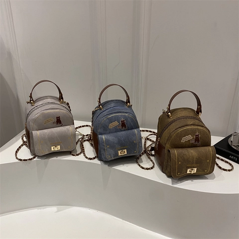 Mini Mochila Retro para Mujer con Estampado de Gato Cuero PU Denim Color de Contraste Bolso Bandolera con Correa de Cadena Bolso de Moda