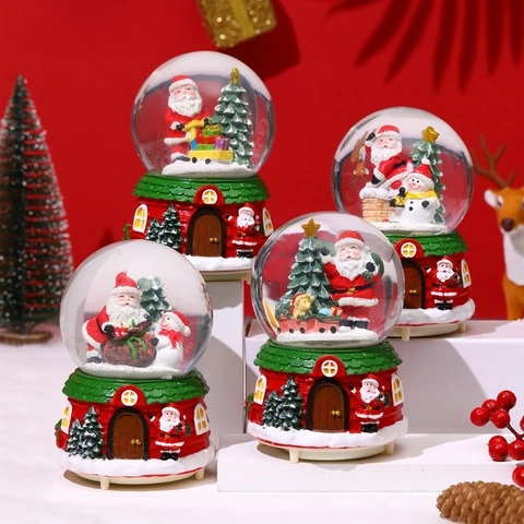 Christmas Snow Globe Music Box LED Light Automatic Snowfall Santa Claus Snowman Resin Glass Desktop Ornament Holiday Gift