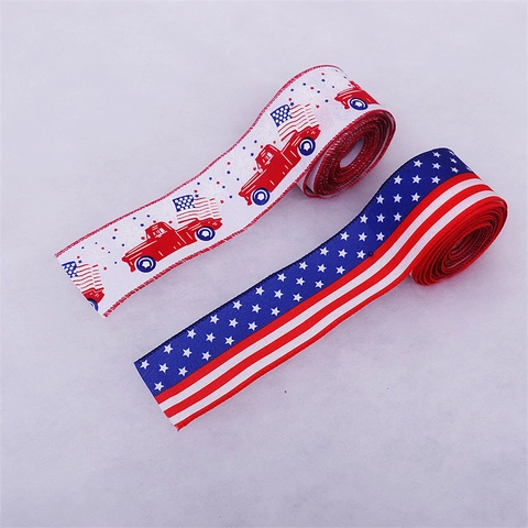 Ruban Décoratif Jour de l'Indépendance en Tissu Polyester Imprimé Camion Rouge Vintage et Drapeau pour Fête Patriotique Américaine Décoration Maison Jardin