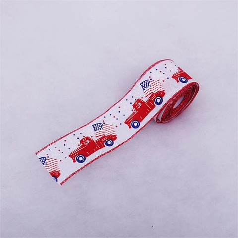 Ruban Décoratif Jour de l'Indépendance en Tissu Polyester Imprimé Camion Rouge Vintage et Drapeau pour Fête Patriotique Américaine Décoration Maison Jardin