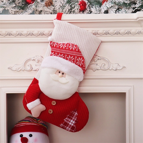 Large Knitted Christmas Stocking With 3D Santa Snowman Wood Button Red White Knit Candy Gift Bag For Fireplace Home Decor