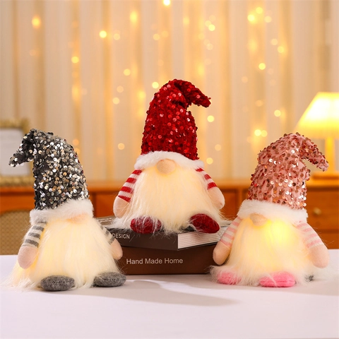 LED Light Up Christmas Gnome Sequin Hat Faceless Rudolph Doll Ornament Nordic Holiday Home Tabletop Decoration Festive Gift