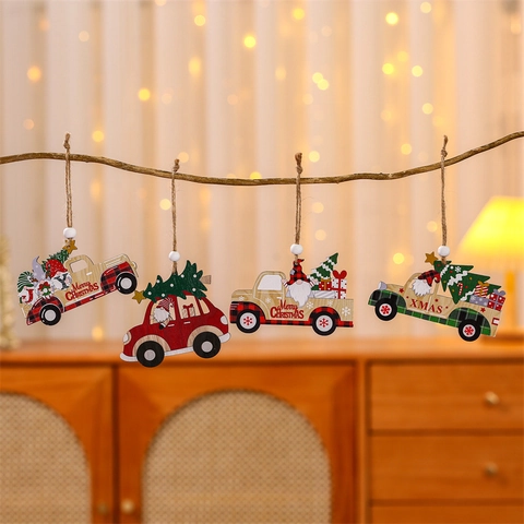 Pendenti Auto di Natale in Legno Gnomi Dipinti Camion Ornamenti Appesi Albero di Natale Decorazione Vintage Vacanze