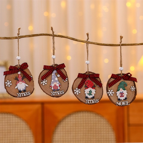 Rustic Christmas Wooden Round Hanging Ornament Gnome Snowflake Pattern Buffalo Plaid Bow Xmas NOEL Festival Tree Decoration For Home Party