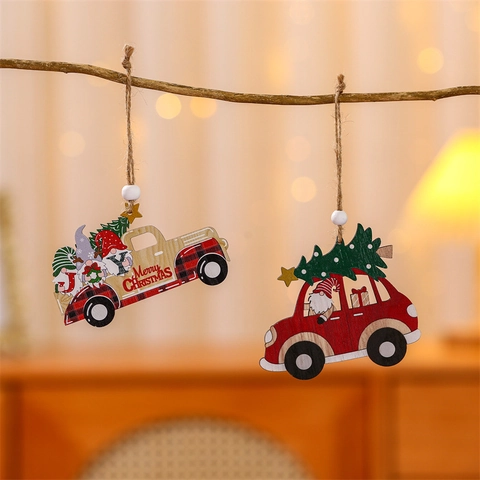 Pendenti Auto di Natale in Legno Gnomi Dipinti Camion Ornamenti Appesi Albero di Natale Decorazione Vintage Vacanze