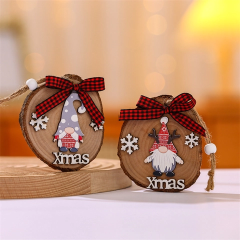 Rustic Christmas Wooden Round Hanging Ornament Gnome Snowflake Pattern Buffalo Plaid Bow Xmas NOEL Festival Tree Decoration For Home Party