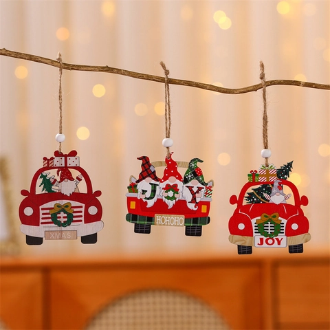 Ornamenti Natalizi Da Appendere In Legno Camion Auto Rossa Con Gnomo E Albero Decorazione Festiva In Legno Dipinto