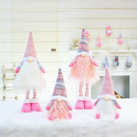 Gnome De Noël En Peluche Décoration Rose Tricoté Poupée Sans Visage Avec Barbe En Fausse Fourrure Style Nordique