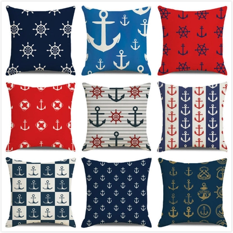 Nautischer Kissenbezug Aquarell Maritime Anker Steuerdruck Leinenmischung Dekokissenhülle Für Sofa Wohnzimmer