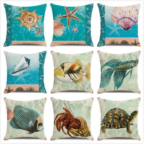 Vintage Nautical Sea Life Cushion Cover Linen Cotton Square Coastal Octopus Sea Turtle Starfish Shell Coral Home Decor
