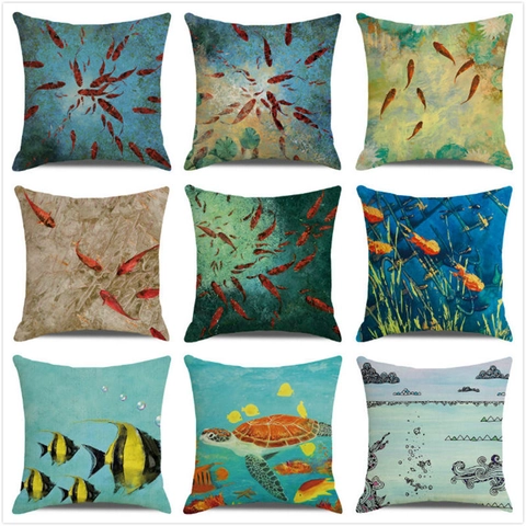 Linnen Kussensloop Zeedieren Aquarel Vis Zeemeermin Oceaan Thema Sofa Kussenhoes Decoratie