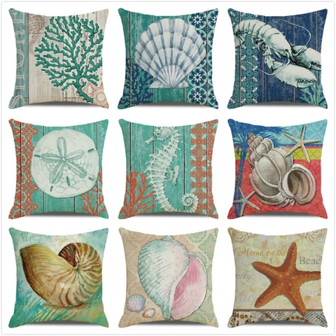 Nautisch Zeeleven Linnen Kussenhoes Koraal Zeester Zeepaardje Kreeft Patroon Vintage Kust Decoratieve Kussensloop Voor Sofa Huis Decoratie