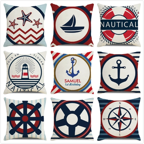 Nautical Autumn Decorative Pillow Cover Linen Cushion Case Anchor Compass Pumpkin Maple Leaf Print Vintage Style Home Decor Square Pillowcase