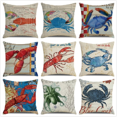 Watercolor Marine Life Throw Pillow Cover Linen Decorative Cushion Case For Sofa Living Room Lobster Crab Retro Nautical Home Decor