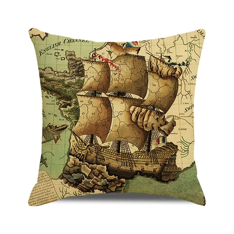 Vintage Nautische Karte Leinen Kissenbezug Quadratischer Dekorativer Kissenbezug Für Sofa Wohnkultur Schiff Kompass Muster Kissenbezug