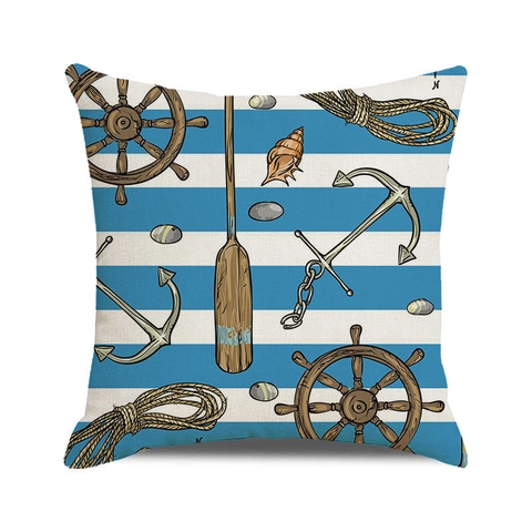 Nautical Theme Linen Throw Pillow Case Sea Anchor Sailboat Watercolor Square Decorative Cushion Cover For Home Sofa Decor