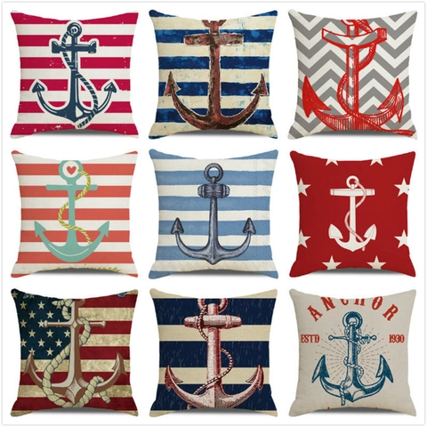 Nautische Kussenhoes Linnen Katoen Vintage Anker Roer Marien Patroon Kust Decoratieve Kussenhoes Huis Sofa Decor