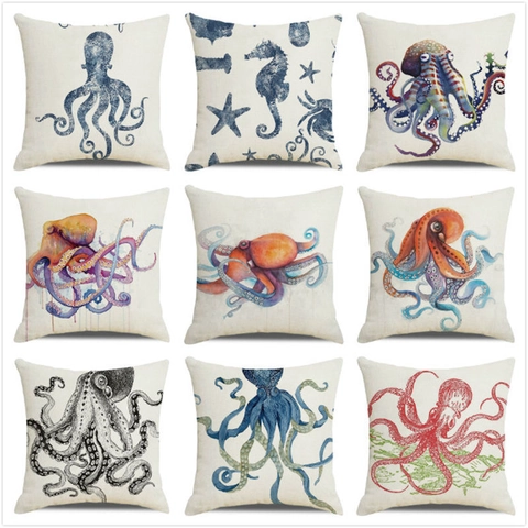 Aquarell Meerestiere Leinen Kissenbezug Oktopus Wal Seepferdchen Krabbe Marine Stil Dekorative Quadratische Kissenhülle Für Sofa Zuhause