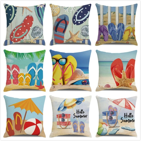 Sommer Strand Thema Leinen Kissenbezug Flip-Flops Seestern Küstenmuster Quadratischer Kissenbezug Für Wohnzimmer Sofa
