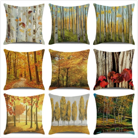Thanksgiving Happy Autumn Forest Leaves Cushion Cover Artistic Oil Painting Landscape Decorative Linen Pillowcase Home Decor