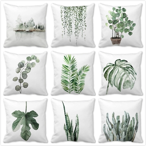 Nordic Tropical Green Leaf Watercolor Plant Pattern Peach Skin Polyester Decorative Cushion Cover For Sofa Living Room Home Decor