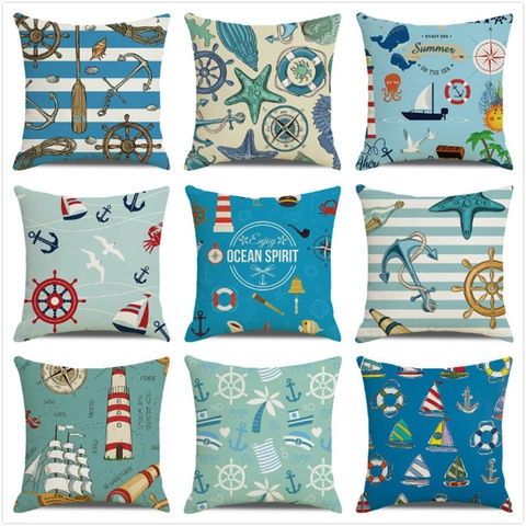 Nautical Theme Linen Throw Pillow Case Sea Anchor Sailboat Watercolor Square Decorative Cushion Cover For Home Sofa Decor