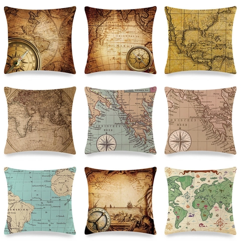 Vintage Nautische Karte Leinen Kissenbezug Quadratischer Dekorativer Kissenbezug Für Sofa Wohnkultur Schiff Kompass Muster Kissenbezug