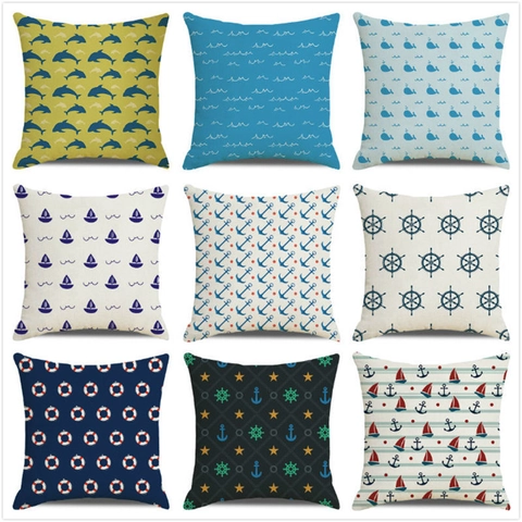 Nautical Cushion Covers Linen Cotton Pillowcase Ocean Theme Anchor Lighthouse Sailboat Home Sofa Decor Coastal Style