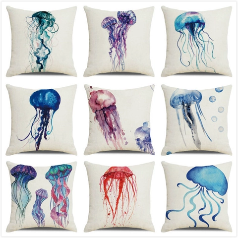 Linen Decorative Throw Pillow Cover Watercolor Jellyfish Pattern Square Cushion Case For Home Sofa Living Room Bedroom Decor