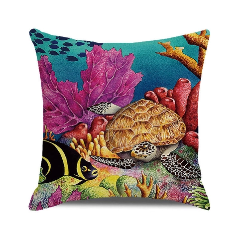 Ocean Theme Cushion Cover Linen Blend Watercolor Shark Whale Sea Turtle Coral Print Square Decorative Pillow Case Home