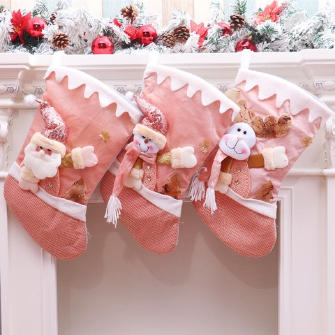 Pink Christmas Stocking Plush Sequin Fabric With 3D Santa Snowman Reindeer Holiday Home Fireplace Hanging Ornament Decor