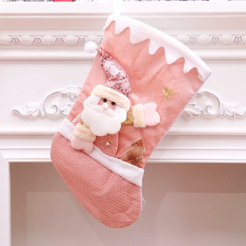Pink Christmas Stocking Plush Sequin Fabric With 3D Santa Snowman Reindeer Holiday Home Fireplace Hanging Ornament Decor