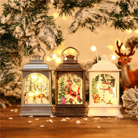 Weihnachts Laterne LED Tragbar Kunststoff Vintage Warmes Licht Tischdeko Weihnachtsmann Schneemann Rentier Dekoration