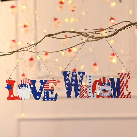 Independence Day Wooden Hanging Sign Patriotic Welcome Love Letter Wall Plaque Gnome Star Stripes Decor