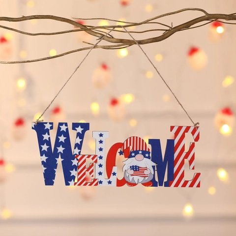 Independence Day Wooden Hanging Sign Patriotic Welcome Love Letter Wall Plaque Gnome Star Stripes Decor