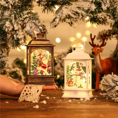 Weihnachts Laterne LED Tragbar Kunststoff Vintage Warmes Licht Tischdeko Weihnachtsmann Schneemann Rentier Dekoration
