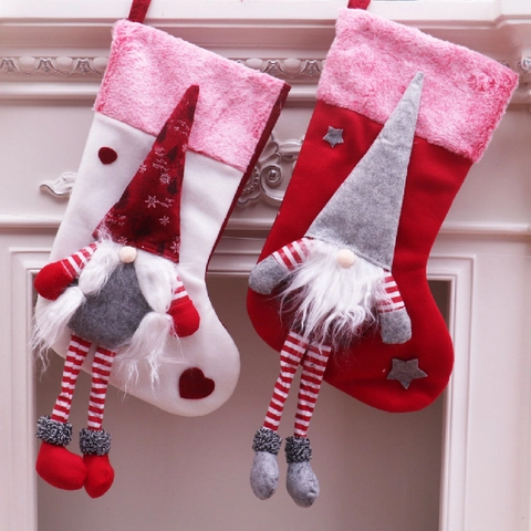 Large Christmas Stocking With Long Legs Gnome Decor Forest Old Man Gift Bag Plush Velvet Hanging Socks For Fireplace Xmas Home Decoration