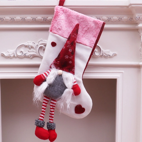 Large Christmas Stocking With Long Legs Gnome Decor Forest Old Man Gift Bag Plush Velvet Hanging Socks For Fireplace Xmas Home Decoration