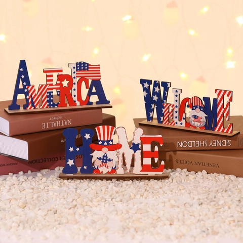 Decoración Mesa Letras Madera Día Independencia Bandera Americana Patriótica Gnomo America Welcome Home Adorno Festivo