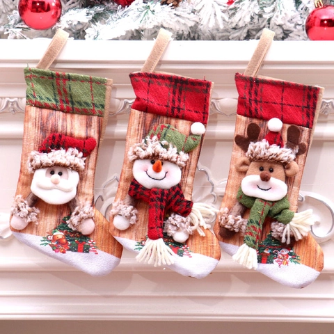 Christmas Stockings Santa Snowman Reindeer Holiday Gift Bags Linen Fabric Plaid Cuff Hanging Decoration