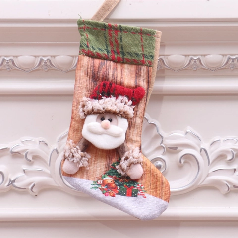 Christmas Stockings Santa Snowman Reindeer Holiday Gift Bags Linen Fabric Plaid Cuff Hanging Decoration