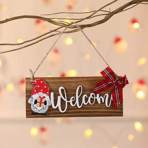 Targa Benvenuto Di Natale Appendiporta In Legno Ornamento Gnomo Fiocco A Quadri Decorazione Da Parete Casa Portico