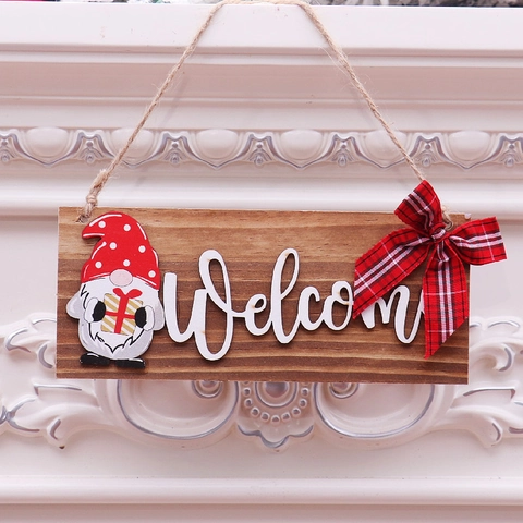 Targa Benvenuto Di Natale Appendiporta In Legno Ornamento Gnomo Fiocco A Quadri Decorazione Da Parete Casa Portico