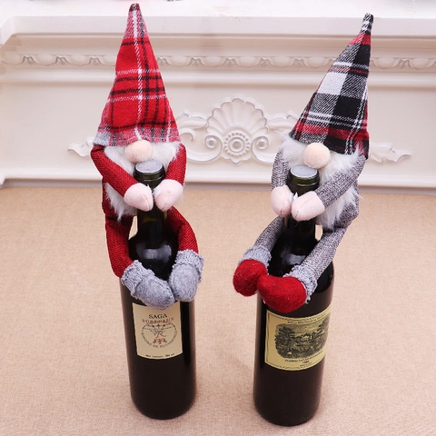 Christmas Gnome Wine Bottle Cover Plaid Knitted Fabric Tomte Hugger Ornament Holiday Party Table Decoration Red Grey