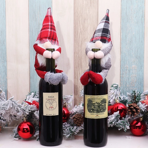 Christmas Gnome Wine Bottle Cover Plaid Knitted Fabric Tomte Hugger Ornament Holiday Party Table Decoration Red Grey