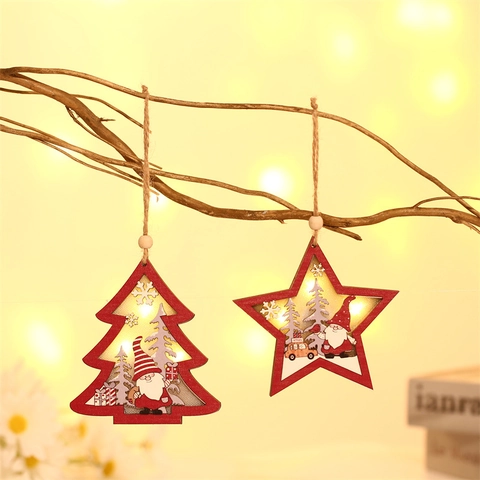 Adornos De Árbol De Navidad Estrella Madera LED Luminoso Gnomo Papá Noel Decoraciones Colgantes Para Fiesta Navidad Hogar