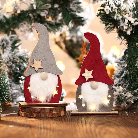 Gnomo De Navidad Adorno De Escritorio LED Brillante Base De Madera Muñeca Sin Rostro Decoración