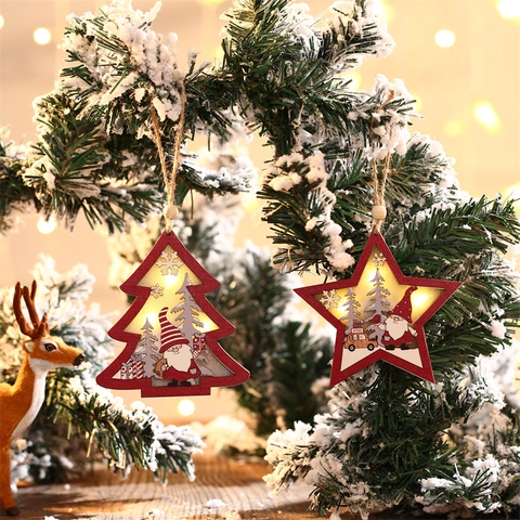 Adornos De Árbol De Navidad Estrella Madera LED Luminoso Gnomo Papá Noel Decoraciones Colgantes Para Fiesta Navidad Hogar