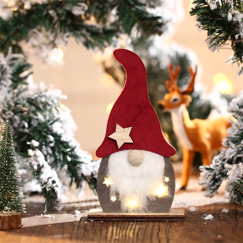 Gnomo De Navidad Adorno De Escritorio LED Brillante Base De Madera Muñeca Sin Rostro Decoración